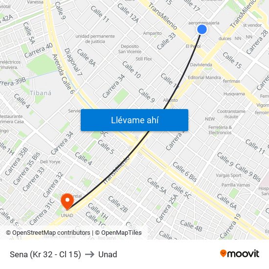 Sena (Kr 32 - Cl 15) to Unad map