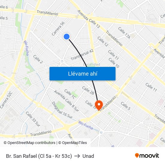 Br. San Rafael (Cl 5a - Kr 53c) to Unad map