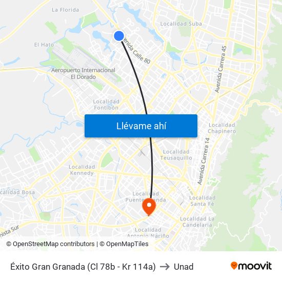 Éxito Gran Granada (Cl 78b - Kr 114a) to Unad map