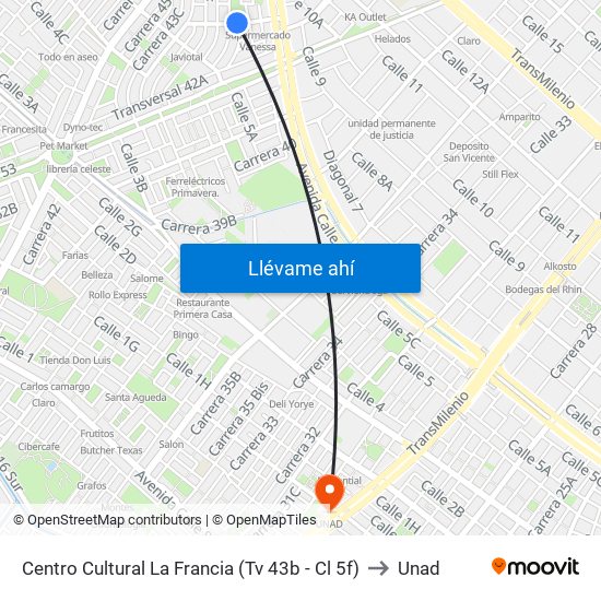 Centro Cultural La Francia (Tv 43b - Cl 5f) to Unad map