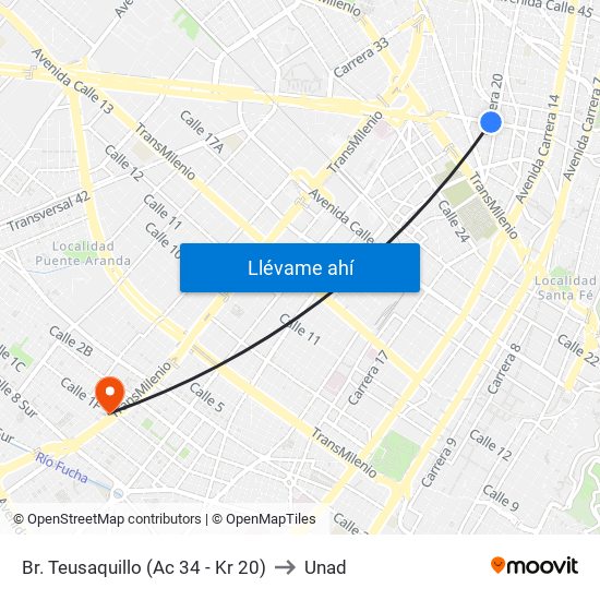 Br. Teusaquillo (Ac 34 - Kr 20) to Unad map