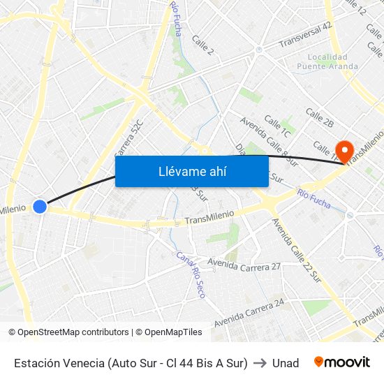 Estación Venecia (Auto Sur - Cl 44 Bis A Sur) to Unad map