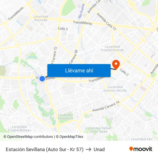 Estación Sevillana (Auto Sur - Kr 57) to Unad map