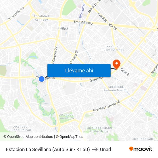 Estación La Sevillana (Auto Sur - Kr 60) to Unad map