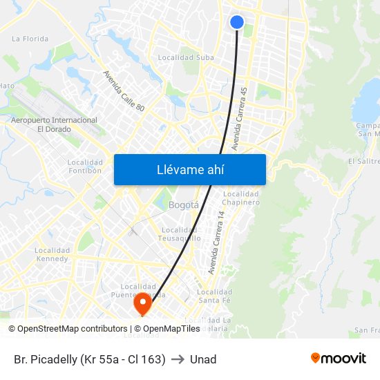 Br. Picadelly (Kr 55a - Cl 163) to Unad map