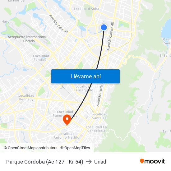 Parque Córdoba (Ac 127 - Kr 54) to Unad map