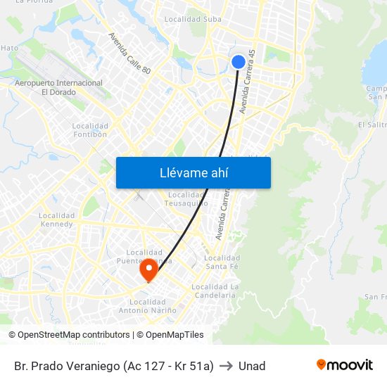 Br. Prado Veraniego (Ac 127 - Kr 51a) to Unad map