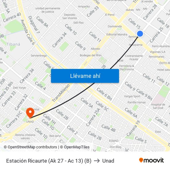 Estación Ricaurte (Ak 27 - Ac 13) (B) to Unad map