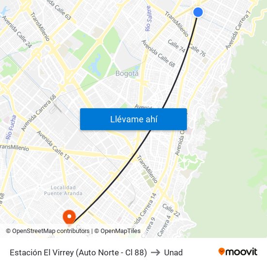 Estación El Virrey (Auto Norte - Cl 88) to Unad map