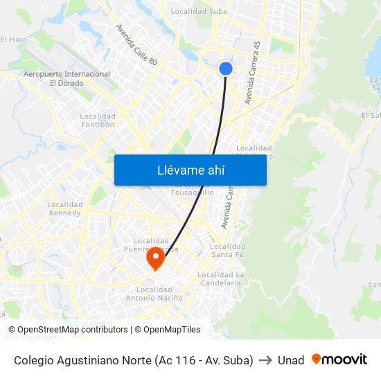 Colegio Agustiniano Norte (Ac 116 - Av. Suba) to Unad map