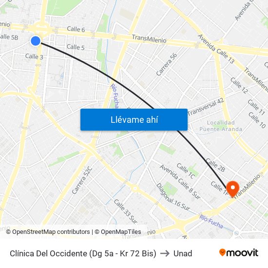 Clínica Del Occidente (Dg 5a - Kr 72 Bis) to Unad map