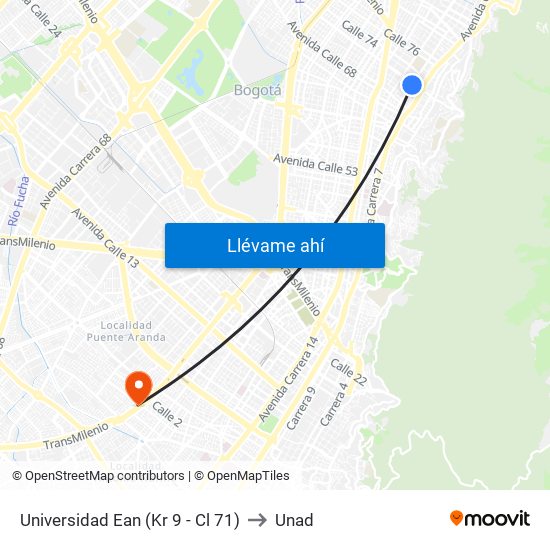 Universidad Ean (Kr 9 - Cl 71) to Unad map