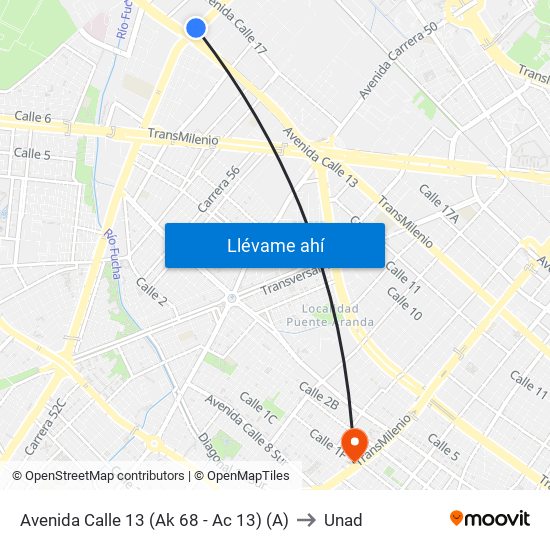 Avenida Calle 13 (Ak 68 - Ac 13) (A) to Unad map