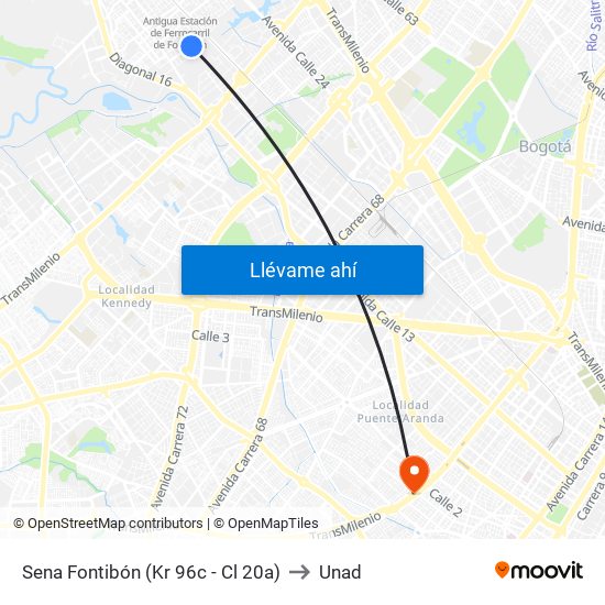 Sena Fontibón (Kr 96c - Cl 20a) to Unad map