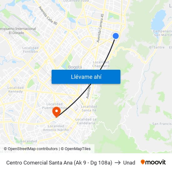 Centro Comercial Santa Ana (Ak 9 - Dg 108a) to Unad map