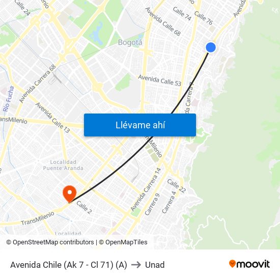 Avenida Chile (Ak 7 - Cl 71) (A) to Unad map