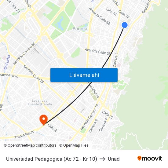 Universidad Pedagógica (Ac 72 - Kr 10) to Unad map