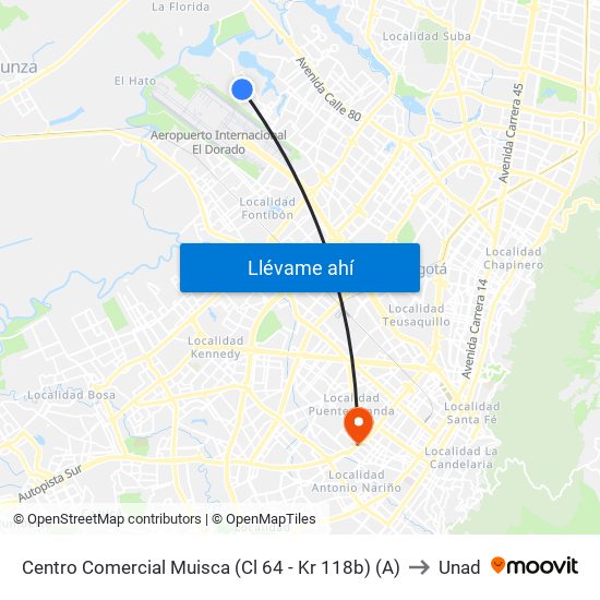 Centro Comercial Muisca (Cl 64 - Kr 118b) (A) to Unad map