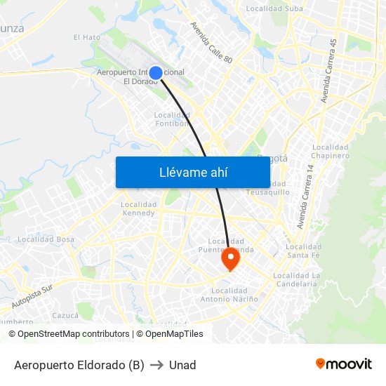 Aeropuerto Eldorado (B) to Unad map