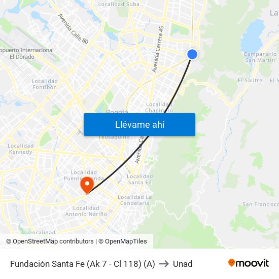 Fundación Santa Fe (Ak 7 - Cl 118) (A) to Unad map