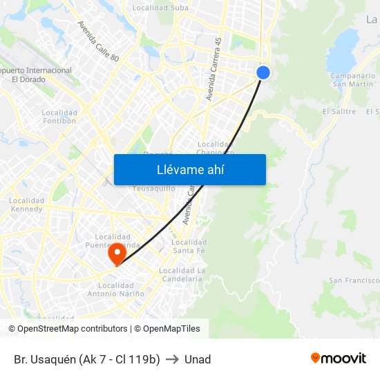 Br. Usaquén (Ak 7 - Cl 119b) to Unad map