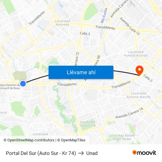 Portal Del Sur (Auto Sur - Kr 74) to Unad map