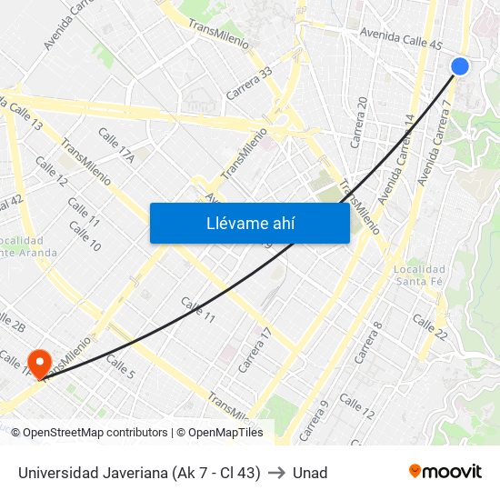 Universidad Javeriana (Ak 7 - Cl 43) to Unad map