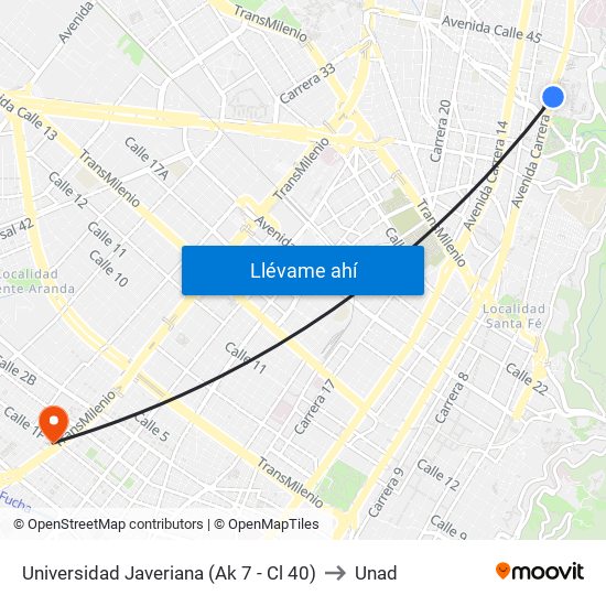 Universidad Javeriana (Ak 7 - Cl 40) to Unad map