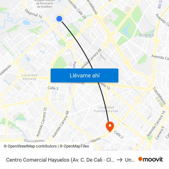 Centro Comercial Hayuelos (Av. C. De Cali - Cl 20) (A) to Unad map