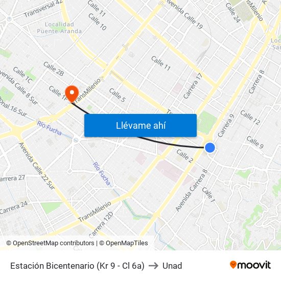 Estación Bicentenario (Kr 9 - Cl 6a) to Unad map