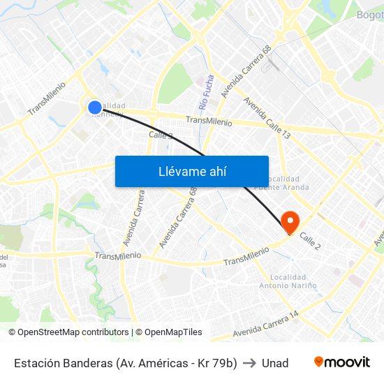 Estación Banderas (Av. Américas - Kr 79b) to Unad map