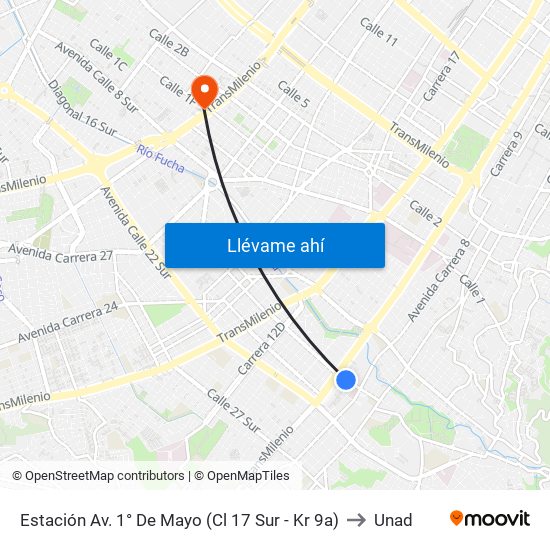 Estación Av. 1° De Mayo (Cl 17 Sur - Kr 9a) to Unad map