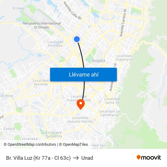 Br. Villa Luz (Kr 77a - Cl 63c) to Unad map