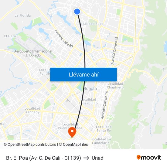 Br. El Poa (Av. C. De Cali - Cl 139) to Unad map