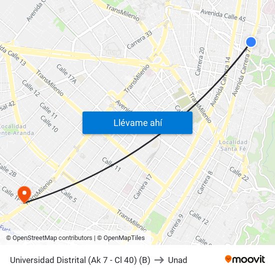 Universidad Distrital (Ak 7 - Cl 40) (B) to Unad map