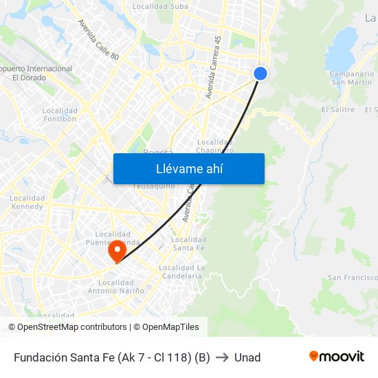 Fundación Santa Fe (Ak 7 - Cl 118) (B) to Unad map
