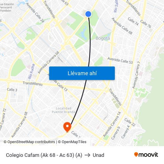 Colegio Cafam (Ak 68 - Ac 63) (A) to Unad map