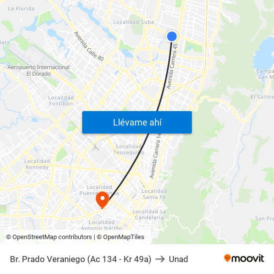 Br. Prado Veraniego (Ac 134 - Kr 49a) to Unad map