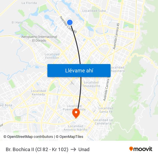 Br. Bochica II (Cl 82 - Kr 102) to Unad map