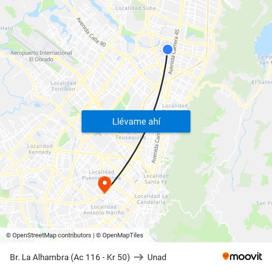 Br. La Alhambra (Ac 116 - Kr 50) to Unad map