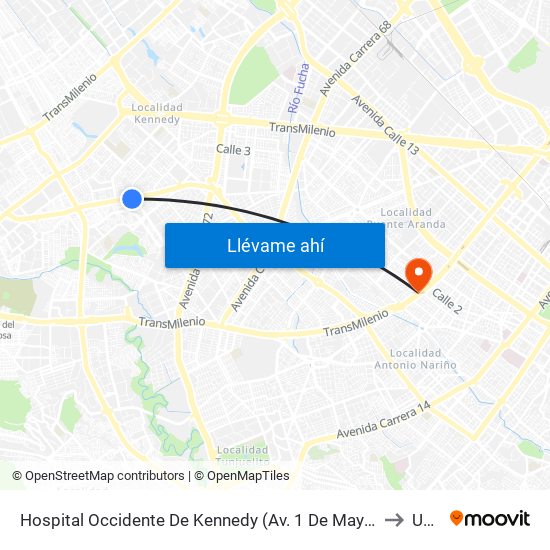 Hospital Occidente De Kennedy (Av. 1 De Mayo - Cl 40 Sur) (A) to Unad map