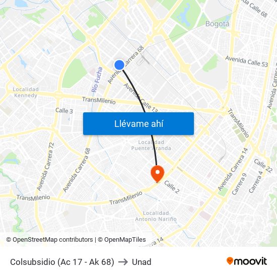 Colsubsidio (Ac 17 - Ak 68) to Unad map