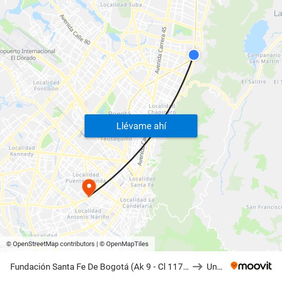 Fundación Santa Fe De Bogotá (Ak 9 - Cl 117a) to Unad map