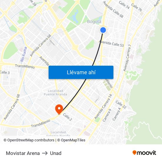 Movistar Arena to Unad map