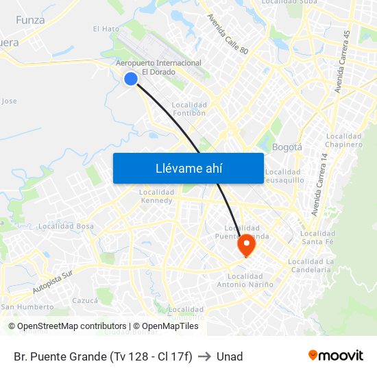 Br. Puente Grande (Tv 128 - Cl 17f) to Unad map