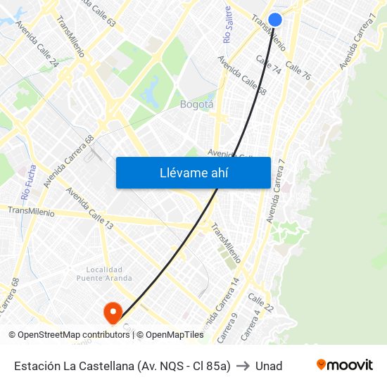 Estación La Castellana (Av. NQS - Cl 85a) to Unad map