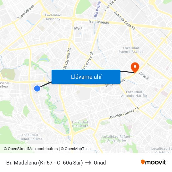 Br. Madelena (Kr 67 - Cl 60a Sur) to Unad map