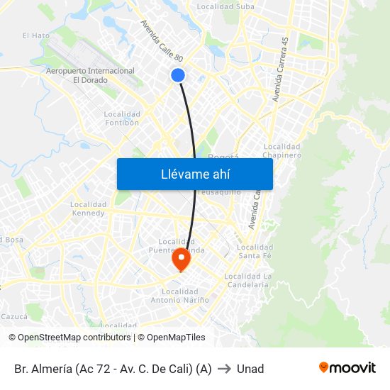 Br. Almería (Ac 72 - Av. C. De Cali) (A) to Unad map