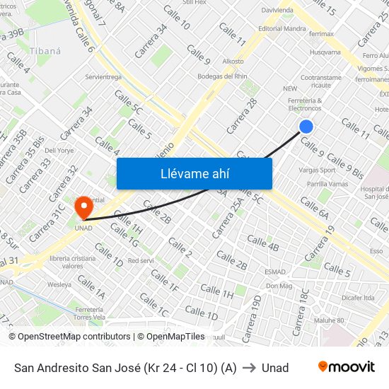 San Andresito San José (Kr 24 - Cl 10) (A) to Unad map