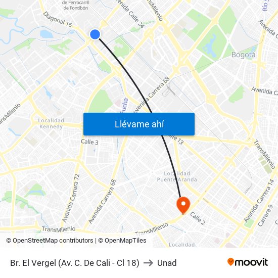 Br. El Vergel (Av. C. De Cali - Cl 18) to Unad map